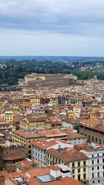 Breathtaking aerial view of Florence showing historic buildings and the iconic Palazzo Pitti.