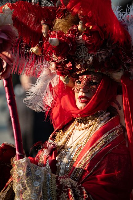 An adult wearing an ornate red masquerade costume and mask at a themed festival.