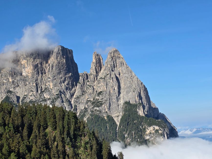 Breathtaking view of the Dolomites above a forest with mist and blue sky.