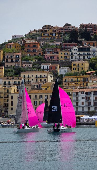 Vibrant sailboats navigate a picturesque harbor with hillside buildings.