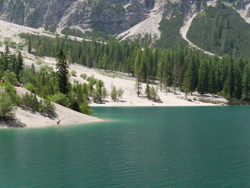 A serene turquoise lake with lush green forest and mountains in South Tyrol, perfect for nature lovers.