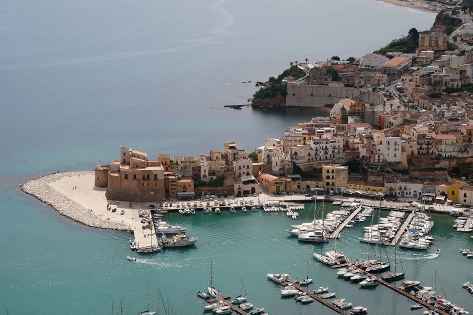Stunning aerial view of the harbor and historic town of Castellammare del Golfo, Sicily, Italy.