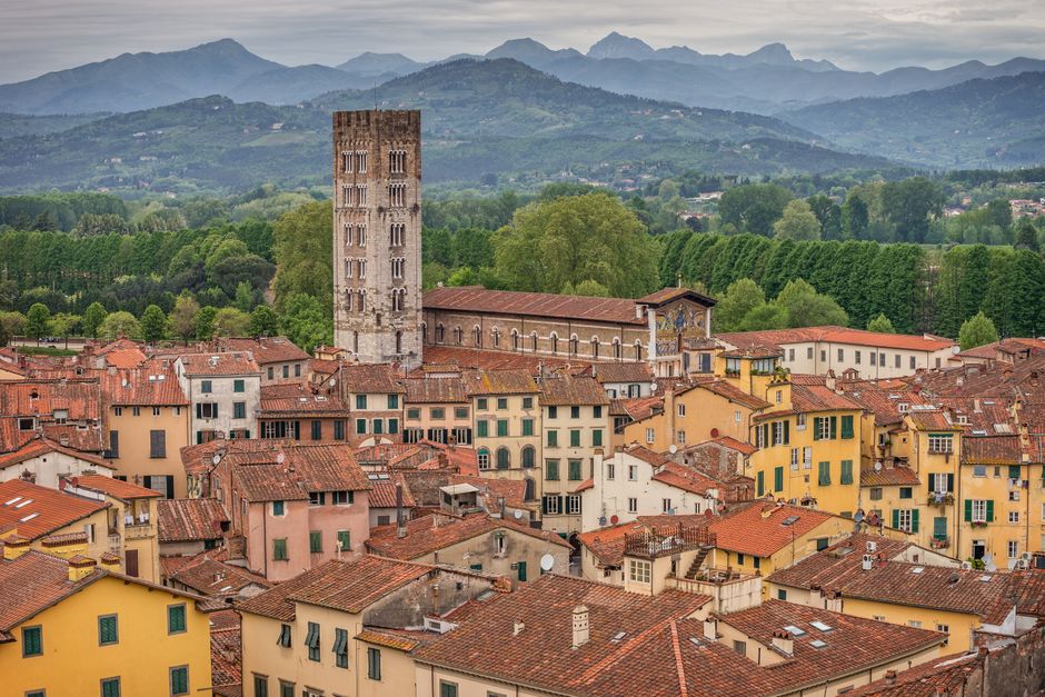 A stunning aerial view of the medieval town of Lucca in Italy, showcasing its vibrant rooftops and historic architecture.