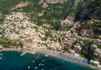 Stunning aerial shot of Positano, a colorful town perched on the Amalfi Coast, Italy.