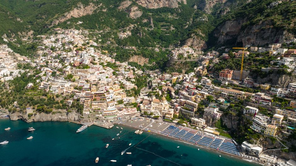 Stunning aerial shot of Positano, a colorful town perched on the Amalfi Coast, Italy.