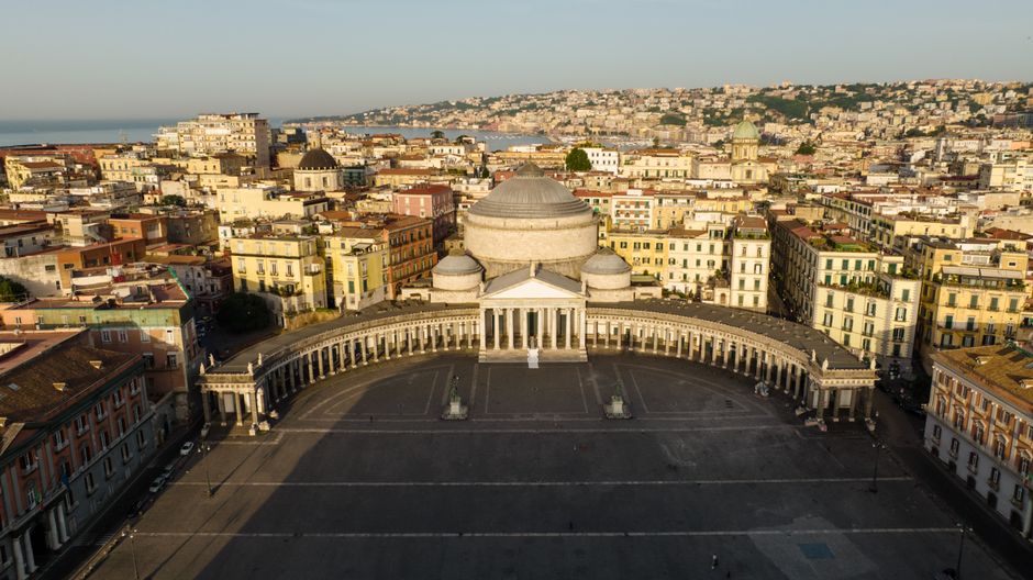 Aerial photograph of Piazza del Plebiscito, a famous landmark in Naples, Italy.