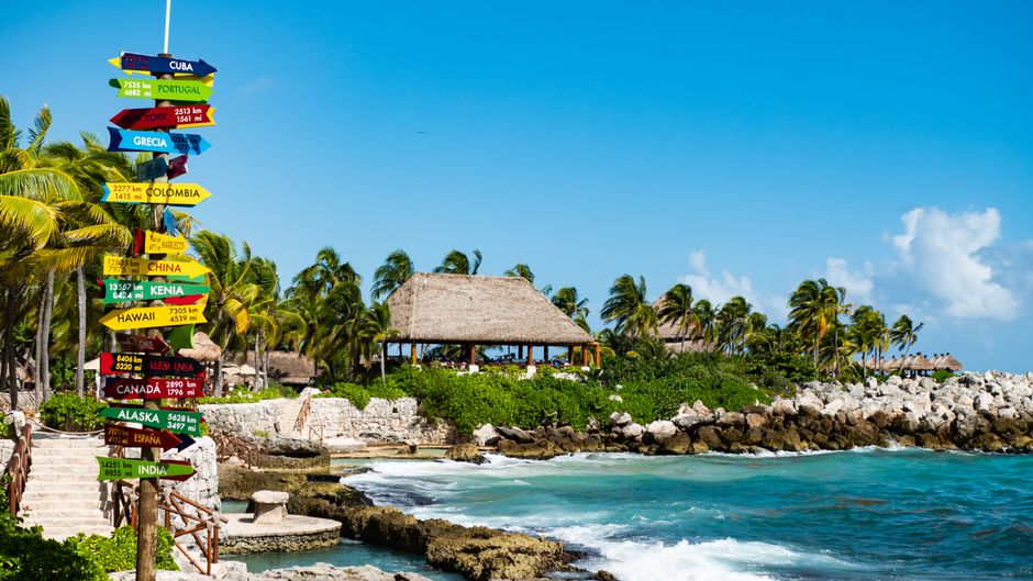 Vibrant directional signs on a tropical beach with clear blue skies and palm trees.