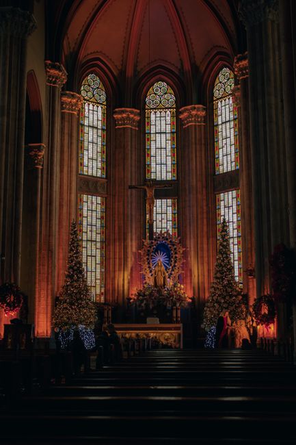 Interior of St. Anthony of Padua Church in Istanbul, beautifully decorated with Christmas trees and lights.
