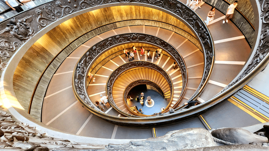 Aerial view of the famous spiral staircase in the Vatican Museums, Rome.