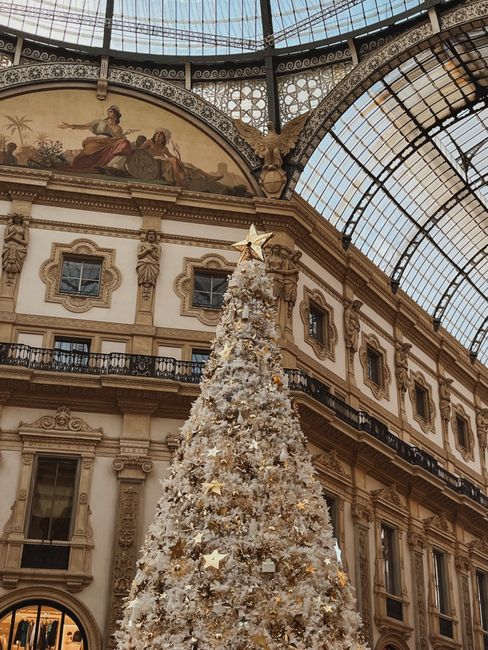 A beautifully decorated Christmas tree inside historic Galleria Vittorio Emanuele II in Milan.