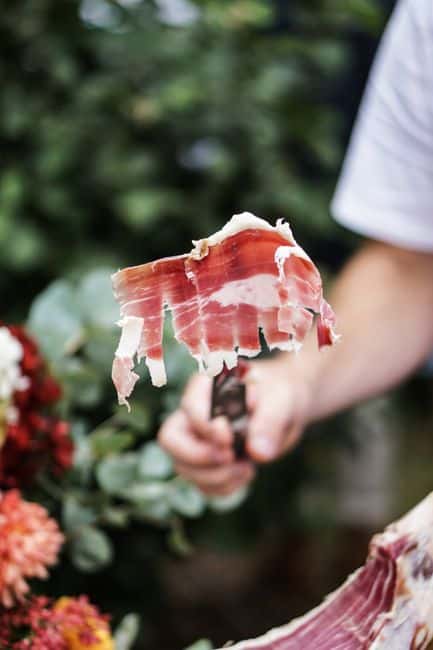 Delicious thinly sliced prosciutto held in focus with a blurred natural background.