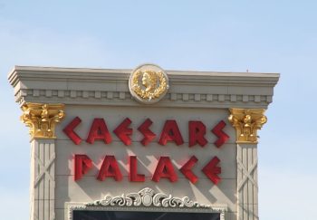 Close-up of the iconic Caesars Palace facade with ornate design in Las Vegas.