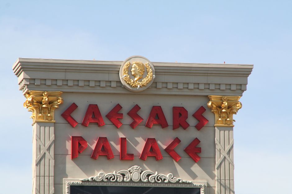 Close-up of the iconic Caesars Palace facade with ornate design in Las Vegas.