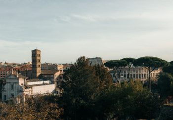 Captured from Rome, this picturesque view highlights the Colosseum amidst historical architecture and lush greenery.