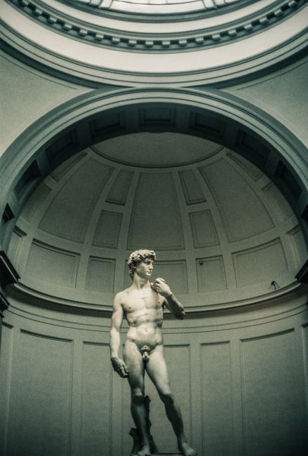 Iconic Statue of David in Galleria dell'Accademia, Florence, captured under a dome.