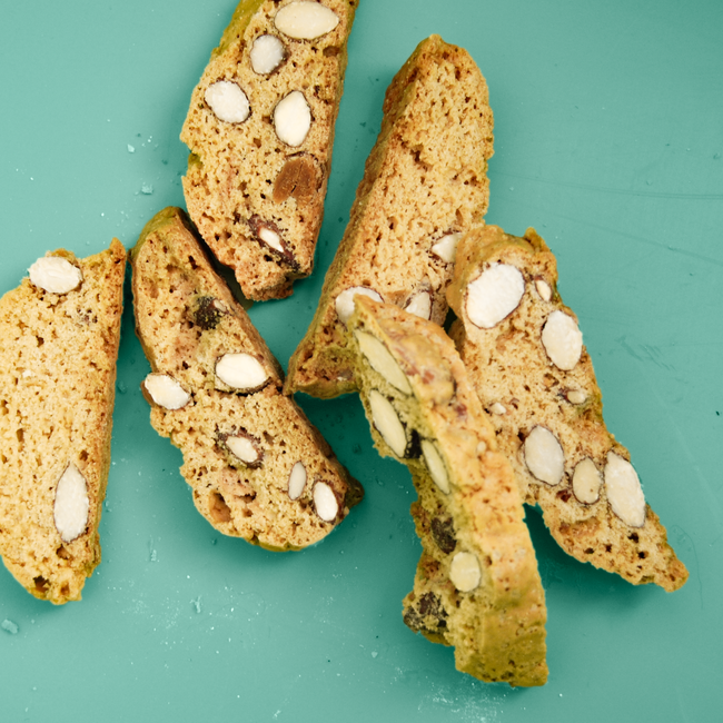 Delicious almond biscotti slices arranged on a bright surface.