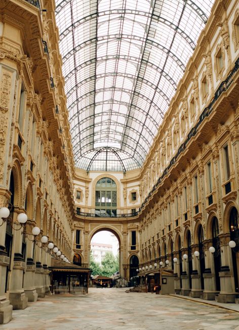 Stunning interior view of the historic Galleria Vittorio Emanuele II in Milan, Italy.