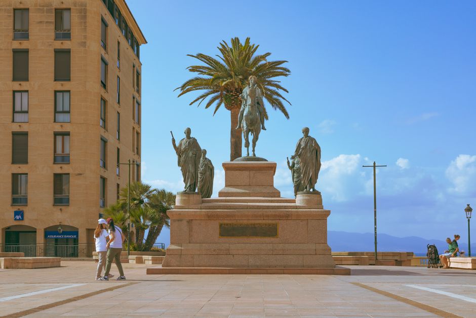 The statue of Napoleon and siblings in Ajaccio, Corsica, France, a popular urban landmark.