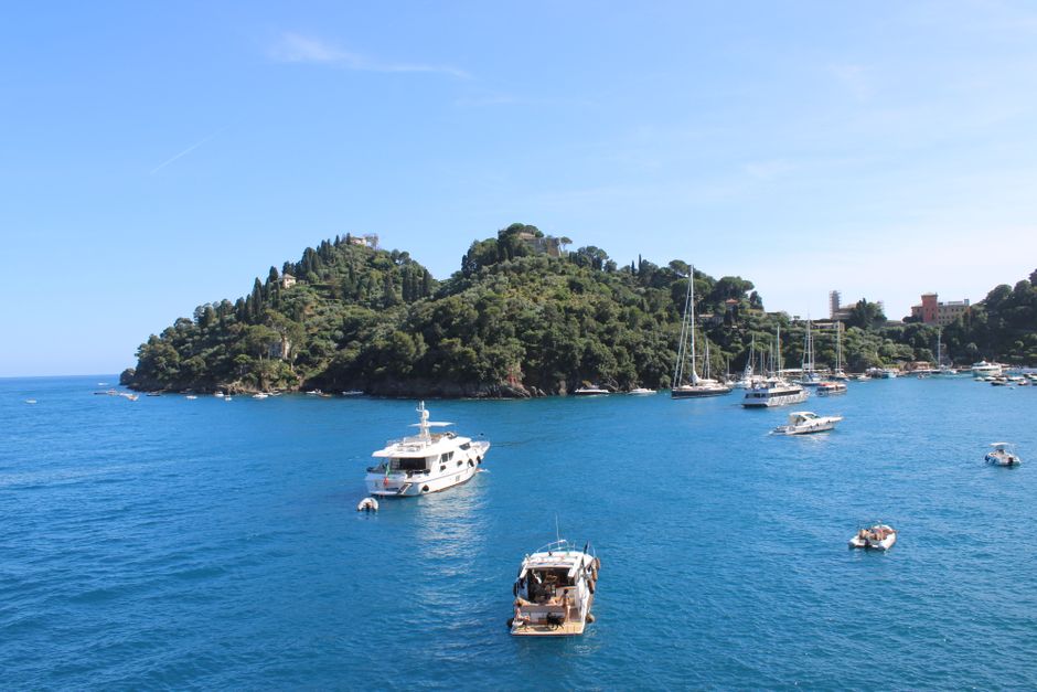 Tranquil scene of yachts and boats in Portofino, Italy, under a clear summer sky.