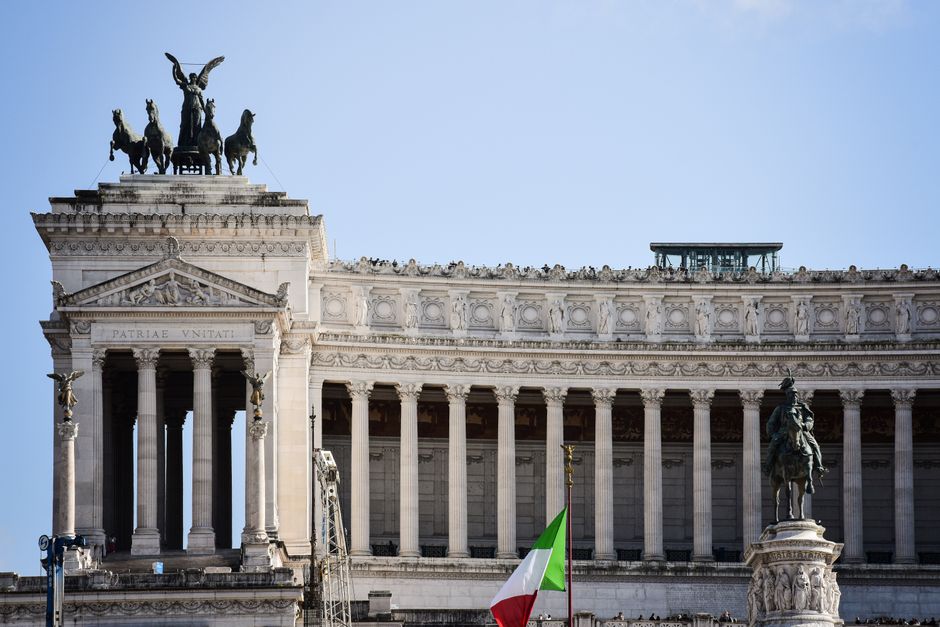 View of the Vittoriano Monument in Rome, Italy, showcasing its neoclassical architecture and iconic statues.
