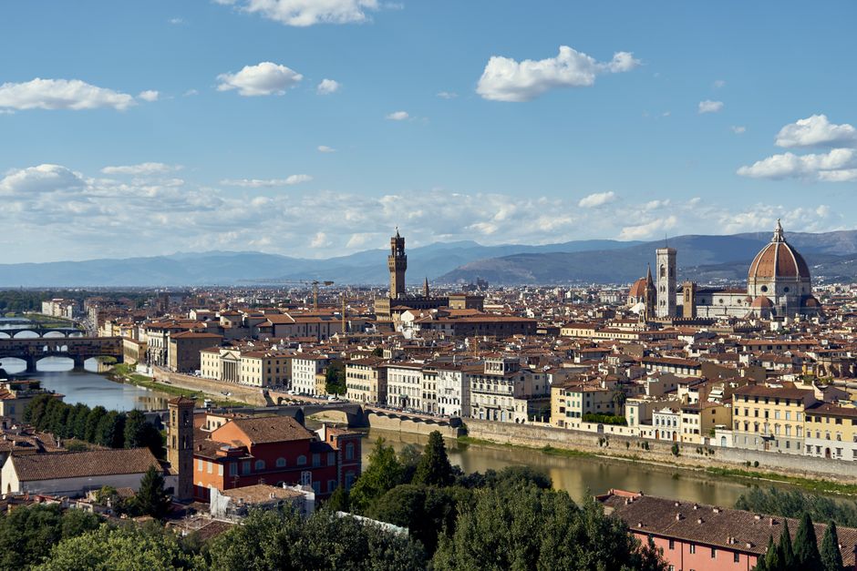 Beautiful aerial view of Florence, Italy with the iconic Duomo and historical architecture.