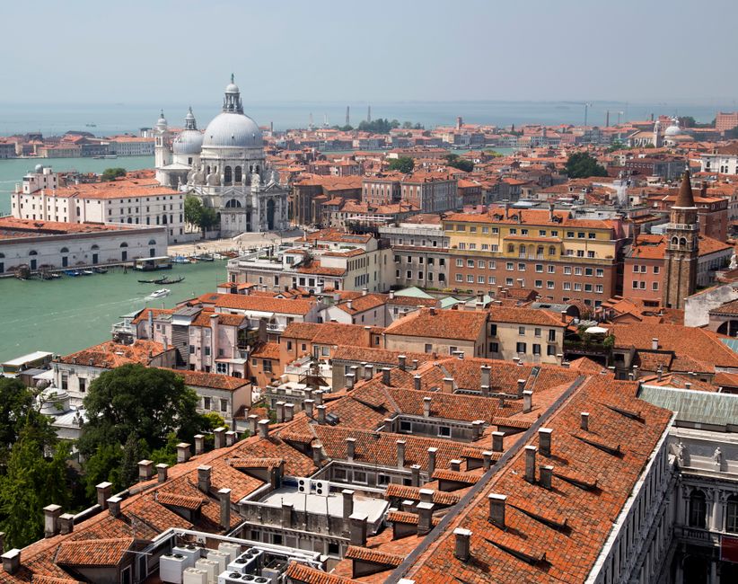 Stunning aerial view of Venice showcasing the historic Santa Maria della Salute and canals.